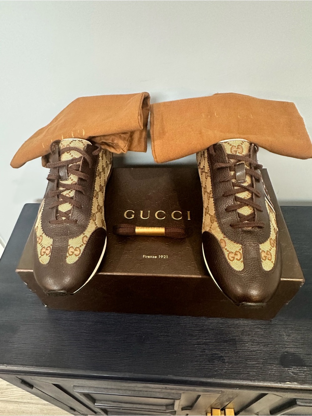 Gucci Men’s Brown GG Canvas & Dark Brown Leather Low-Top Sneakers uk 8 USA 9